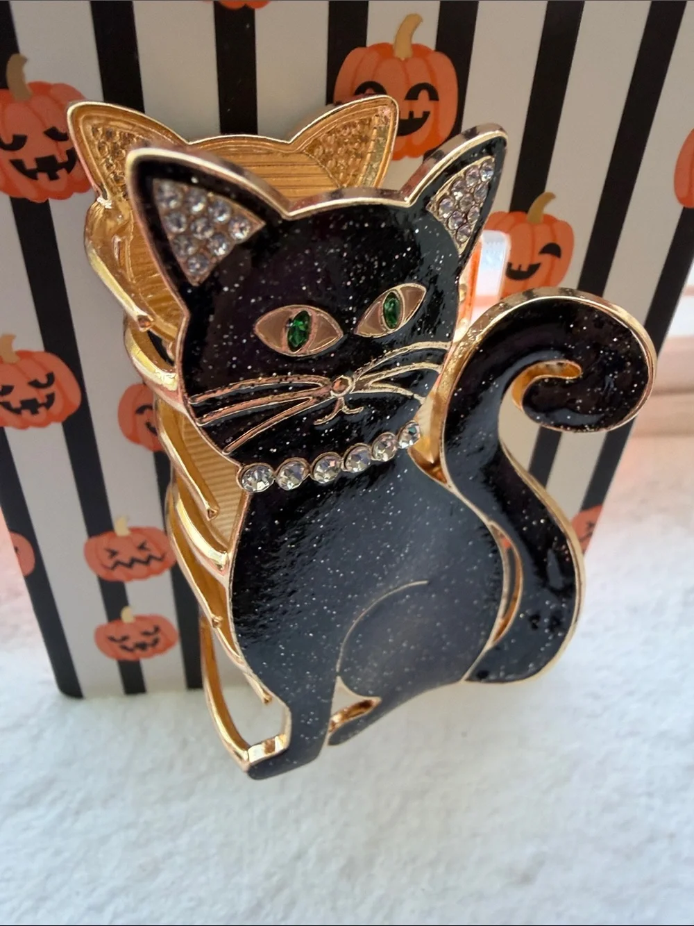 Piper Black Glitter Cat Hair Clip with Gold Accents and Rhinestones